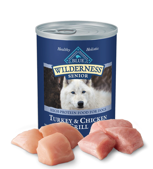 Blue Buffalo Wilderness senior dog food in a can with turkey and chicken grill chunks for healthy meals