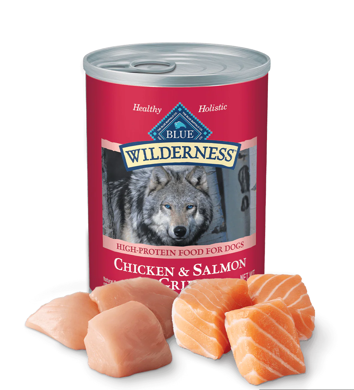 Blue Buffalo Wilderness wet dog food can featuring chicken and salmon recipe with real meat chunks