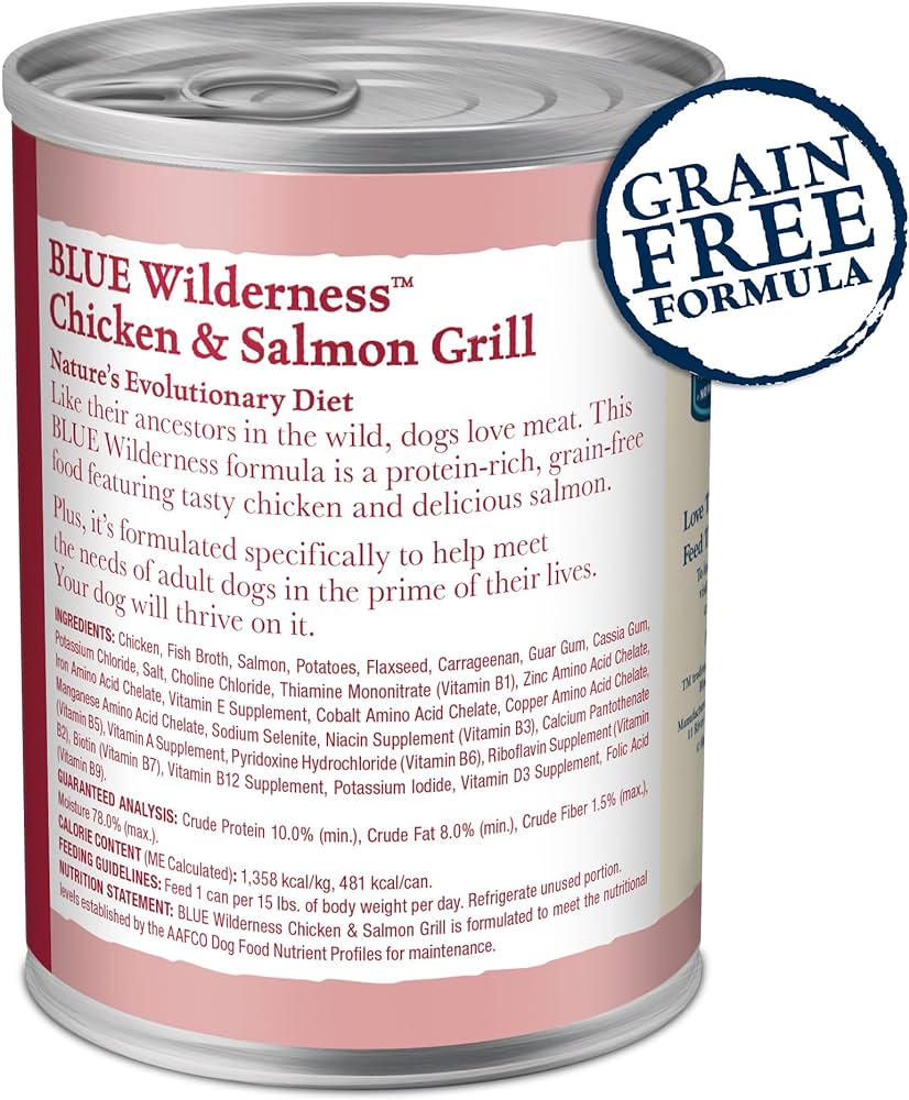 Blue Buffalo Wilderness wet dog food featuring chicken and salmon grill in a grain-free formula