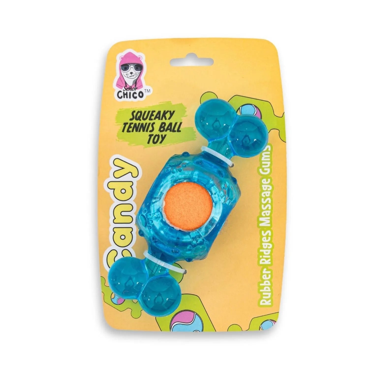 Blue candy-inspired squeaky tennis ball dog chew toy by American Pet Supplies, durable TPR, promotes dental health, vibran...