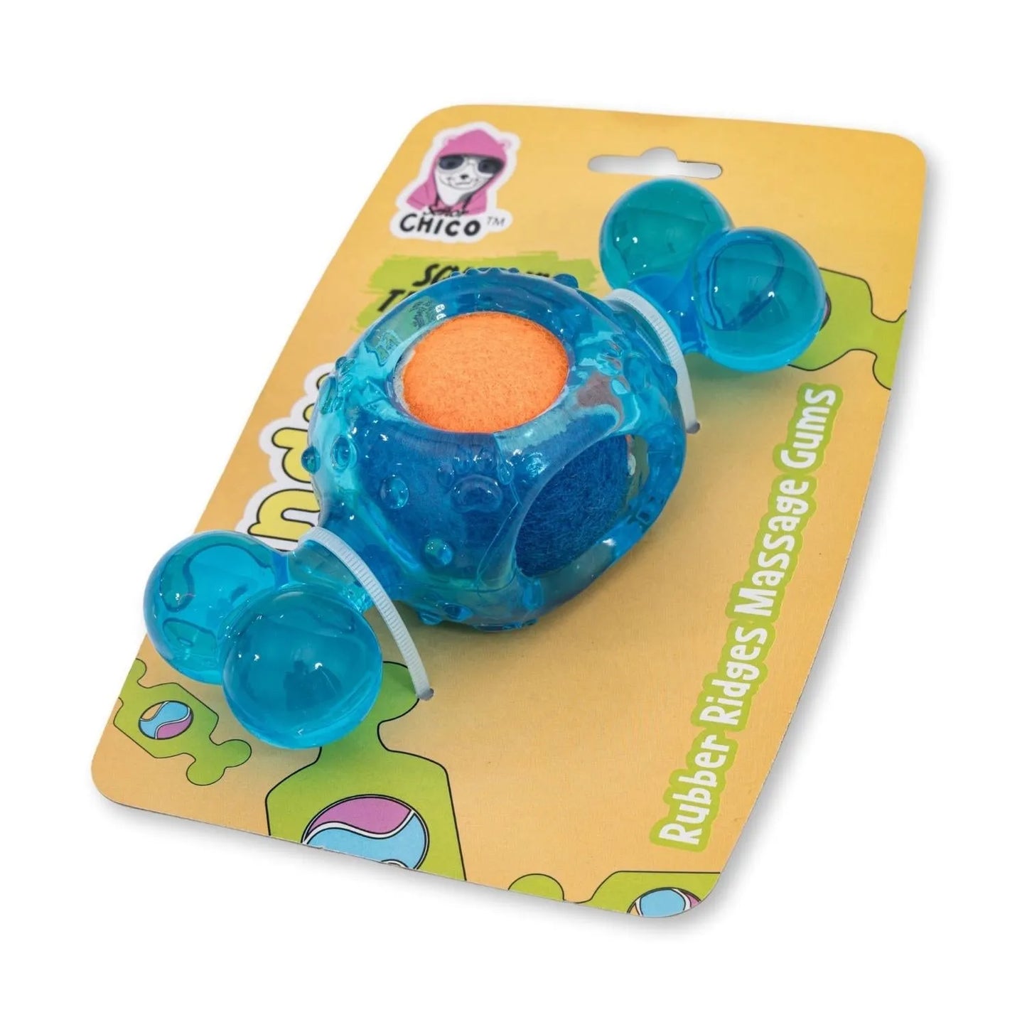 Blue candy-inspired squeaky tennis ball dog chew toy by Purrfect Pet Kingdom, vibrant blue, perfect for playful dogs, $12.99.