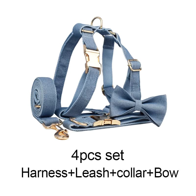 Classic Blue Denim 5-Piece Dog Harness and Leash Walking Set