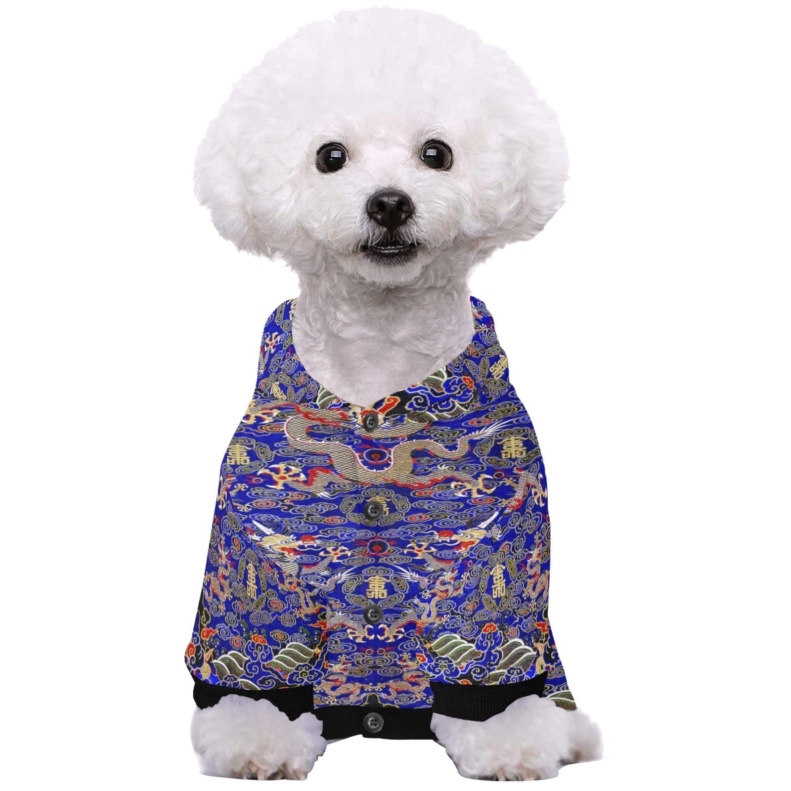 Pet Apparel Blue Imperial Dragon Button Hoodie for Daily Use - close up product image for pet apparel