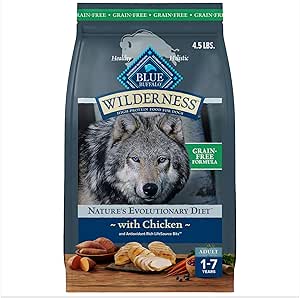 Blue Wilderness chicken grain free dog food in 4.5 lb bag featuring a wolf on the packaging