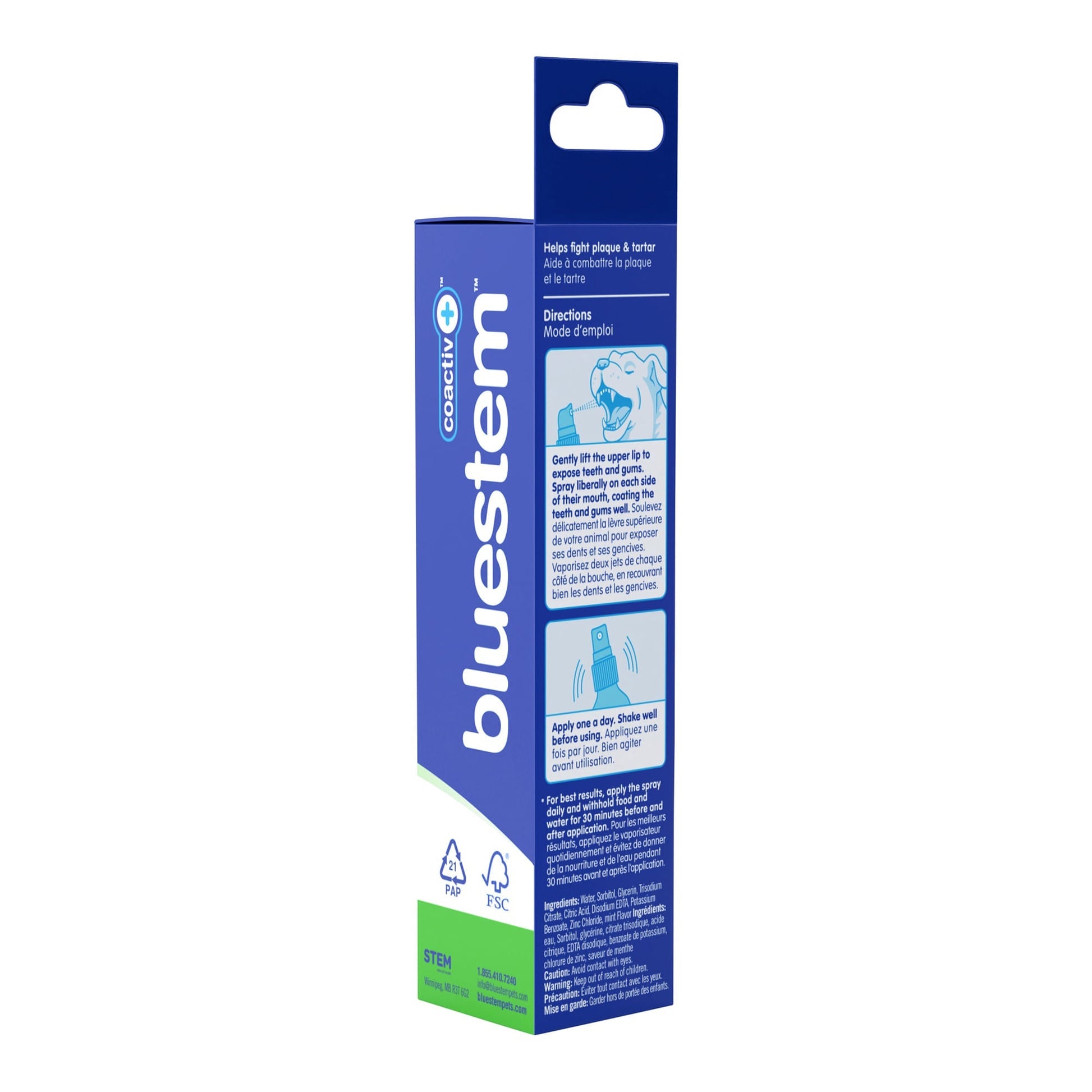 Blue and green Bluestem dental spray box for dogs, featuring usage instructions and plaque control product details.