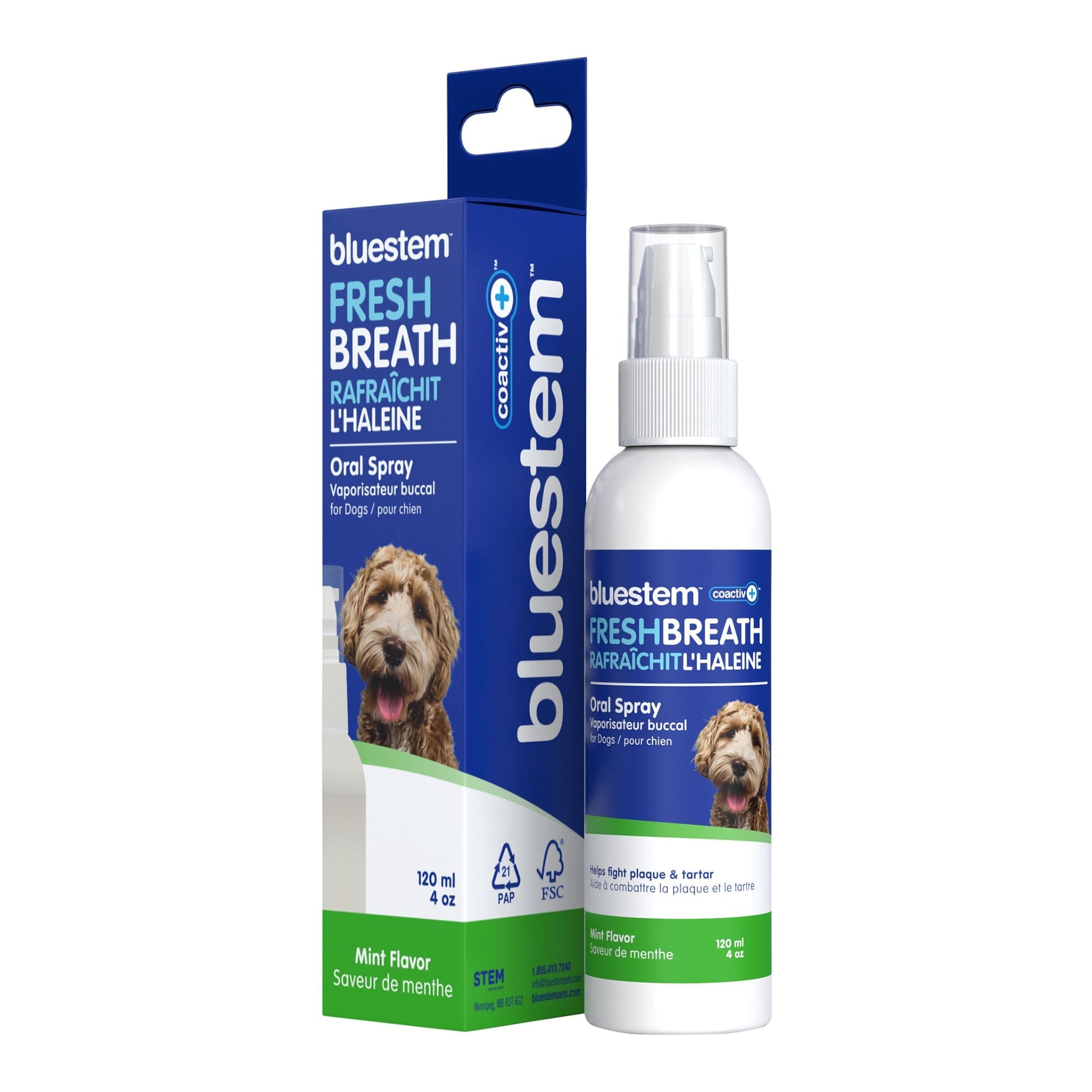 Bluestem Mint Dog Oral Spray, 4oz. Blue box and white spray bottle with a dog image and green "Mint Flavor" band.