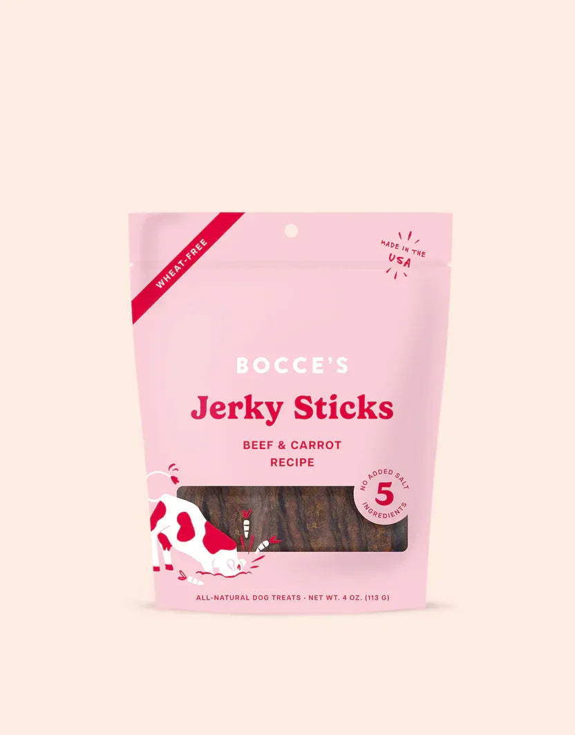 Bocce's Beef and Carrot Grazers Dog Jerky Stick (4oz) by The Family Pet, a tasty dog treat in a brown stick form, priced a...