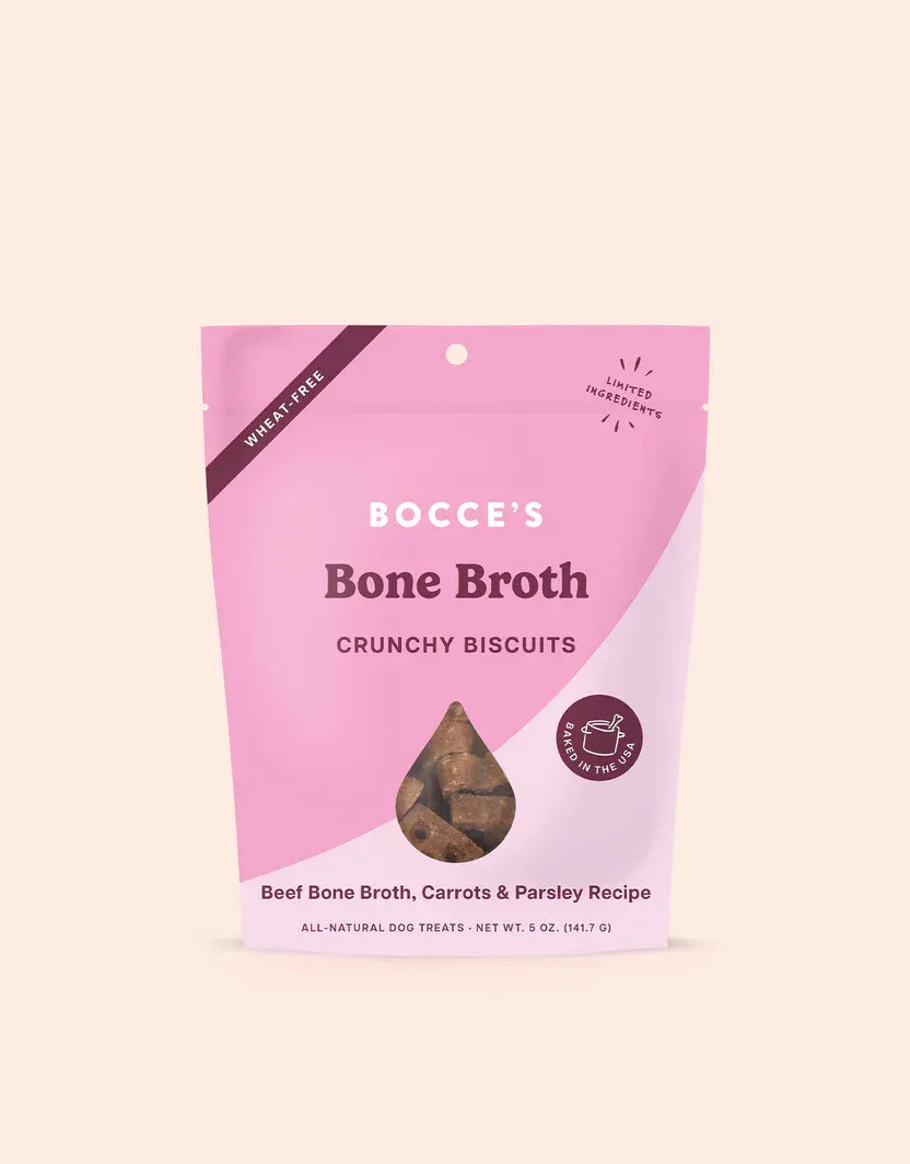Bocce's Bone Broth Dog Biscuits by The Family Pet, 5oz bag, featuring a brown and beige design, perfect for dogs.