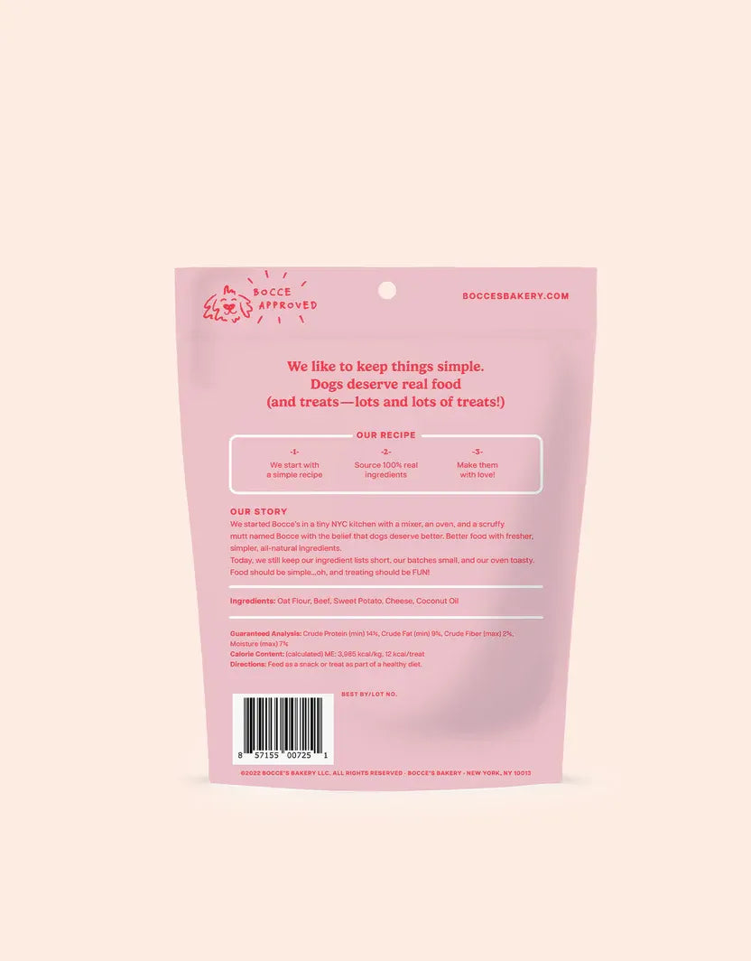 Bocce's Burgers and Fries Dog Biscuits by The Family Pet, 5oz package, featuring a colorful design, perfect for pet treats.