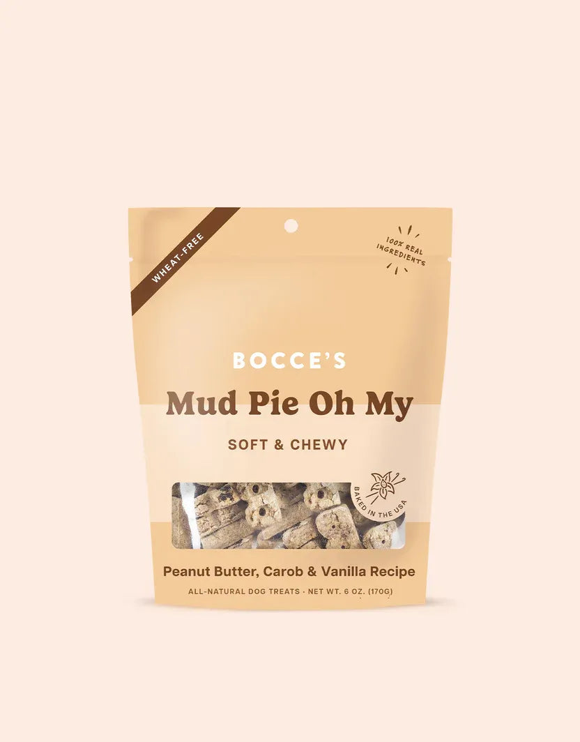 Bocces Soft and Chewy Mud Pie Dog Treats by The Family Pet, 6oz pack, featuring a rich brown color, perfect for pampering ...