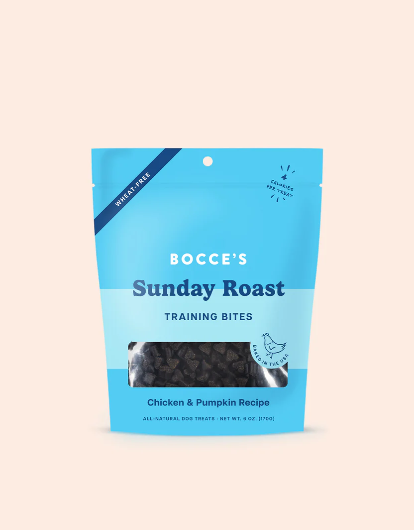 Bocces Training Bites Sunday Roast Dog Treats in Chicken and Pumpkin flavor in a blue pouch