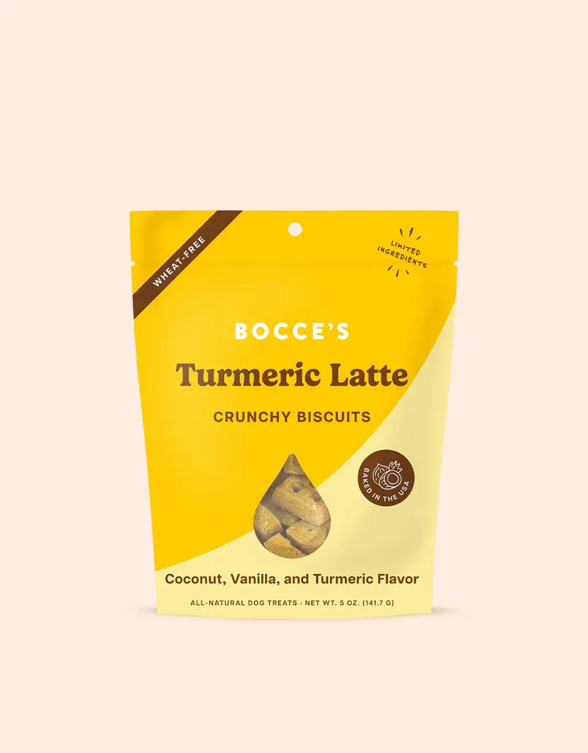 Bocce's Turmeric Latte Dog Biscuits by The Family Pet, 5oz, golden color, healthy dog treats for happy pups.