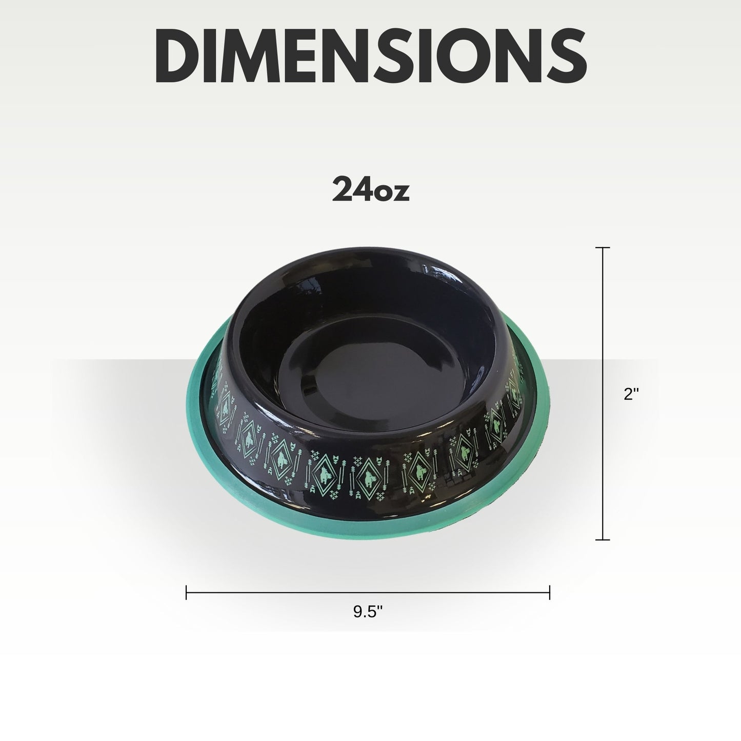 Durable dog food bowl for large dogs in black with decorative green pattern, holding 24oz and measuring 9.5 inch diameter