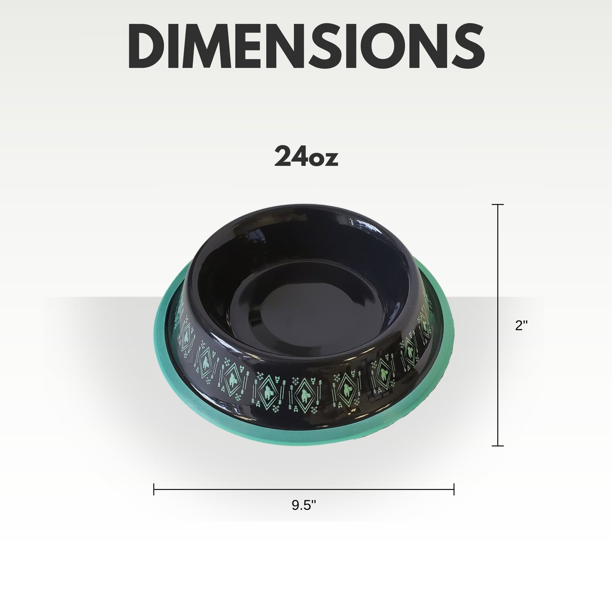 Durable dog food bowl for large dogs in black with decorative green pattern, holding 24oz and measuring 9.5 inch diameter