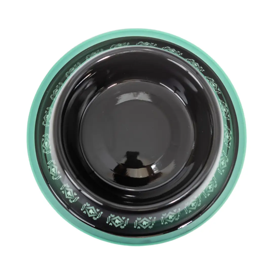 Durable dog food bowl for large dogs in black with green decorative rim for added style