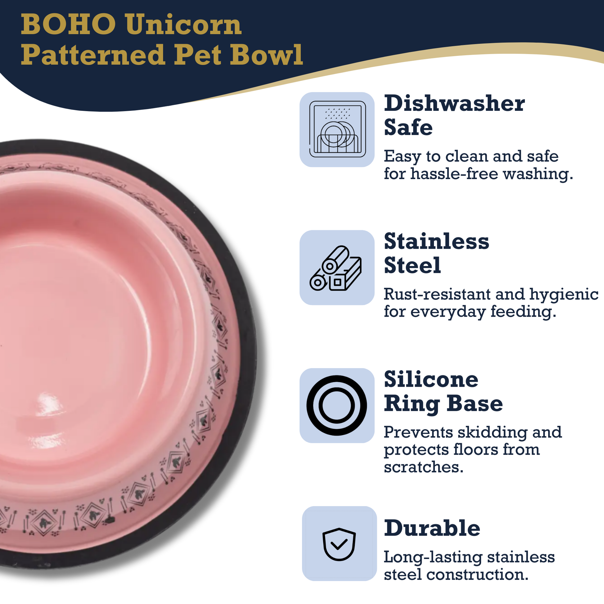BOHO Unicorn Patterned Stainless Steel Pet Bowl with Silicone Ring Base, durable dog food bowl for large dogs