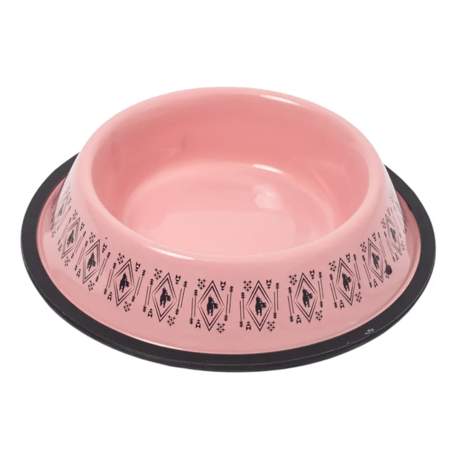 Durable dog food bowl for large dogs in pink with stylish tribal pattern and non-slip base