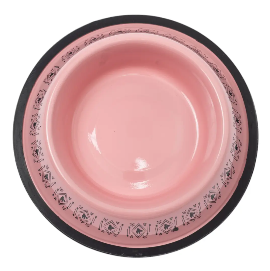 Durable dog food bowl for large dogs in pink with decorative black patterns for stylish pet dining