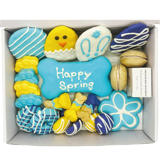 Purrfect Pet Kingdom Luxury Dog Treats high-value training treats in blue yellow and white spring-themed shapes