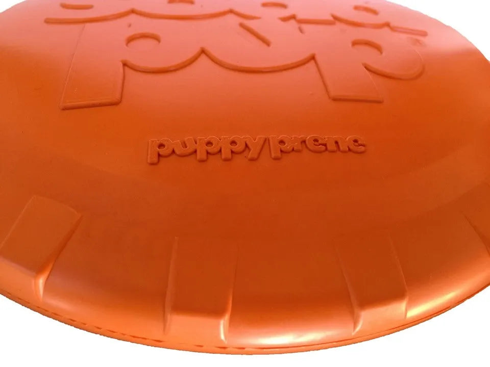 Orange Bottle Top Flyer Rubber Frisbee for Dogs by SodaPup, large 9.75" diameter, vet approved, USA made dog toy.