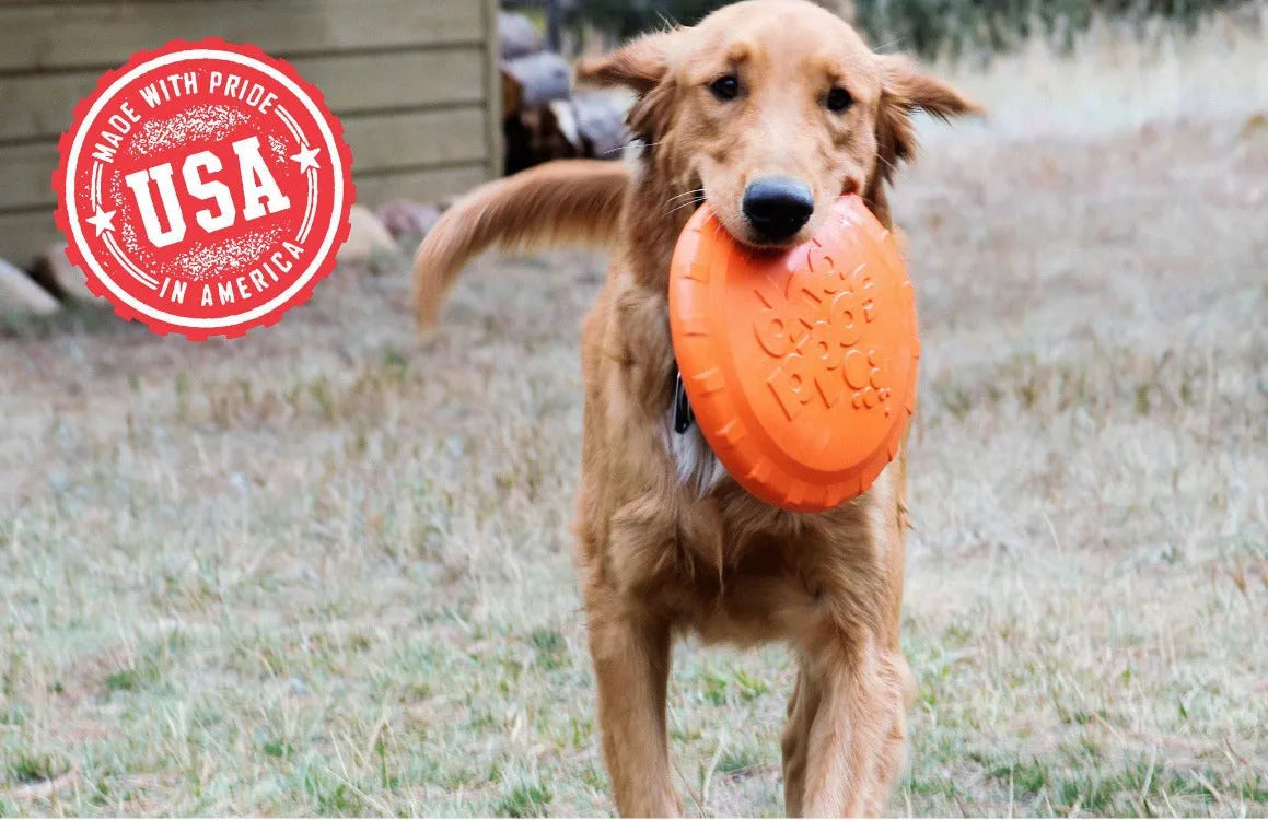 Orange Bottle Top Flyer Rubber Frisbee for dogs by SodaPup, available in large (9.75") and small (7") sizes, vet approved.