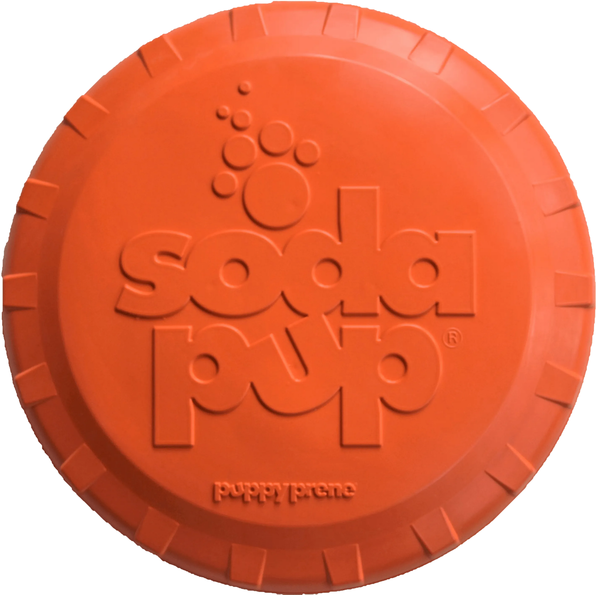 Orange Bottle Top Flyer Rubber Frisbee for Dogs by SodaPup, large size 9.75" diameter, vet approved, USA made dog toy.