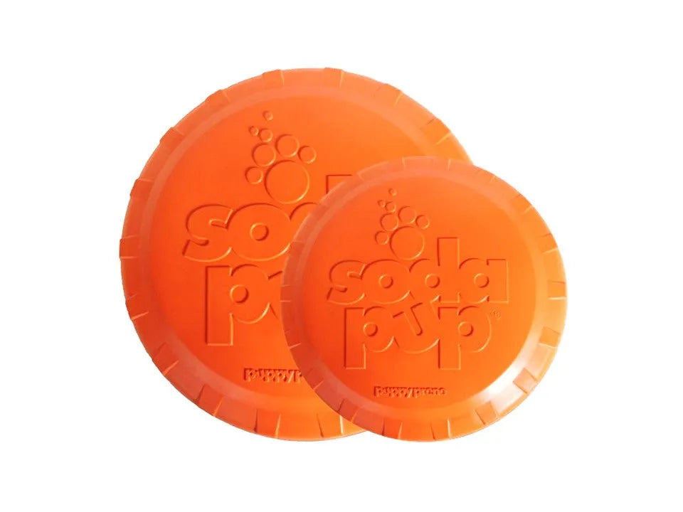 Orange Bottle Top Flyer Rubber Frisbee for dogs by SodaPup, available in large (9.75") and small (7") sizes, vet approved.