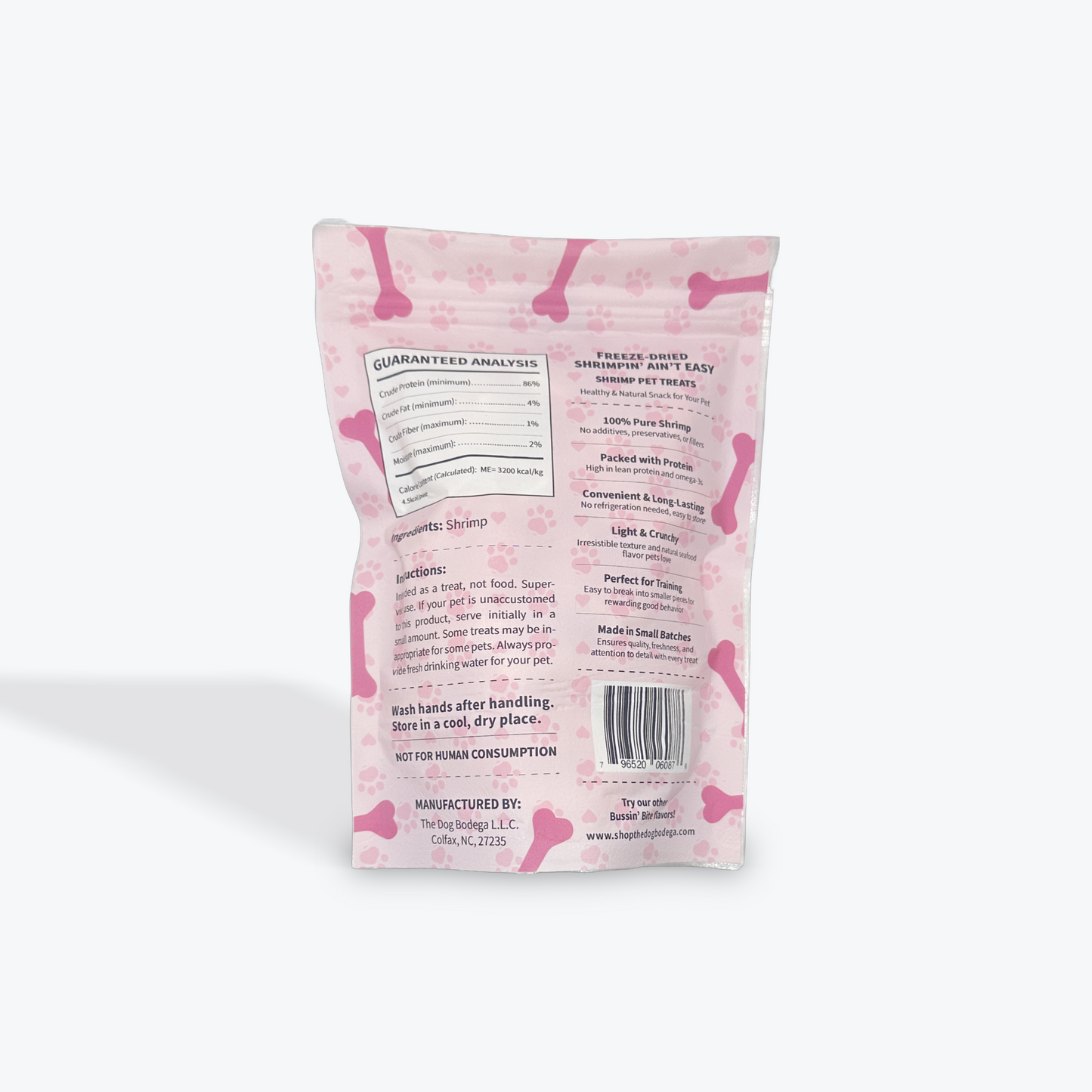 The Dog Bodega freeze dried shrimp treats for cats and dogs in a resealable pink packaging