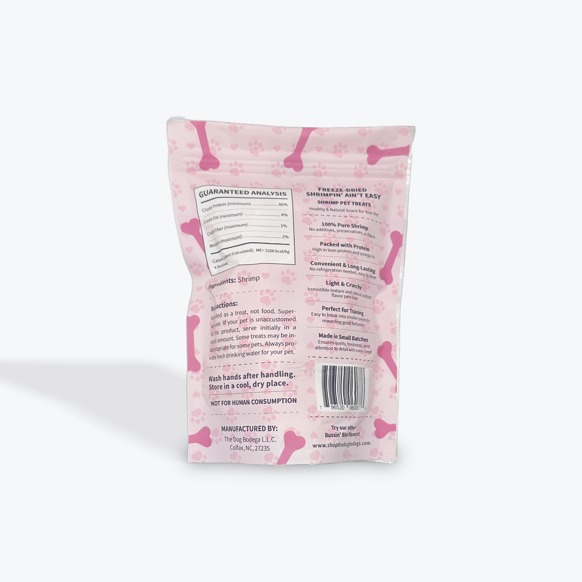 The Dog Bodega freeze dried shrimp treats for cats and dogs in a resealable pink packaging