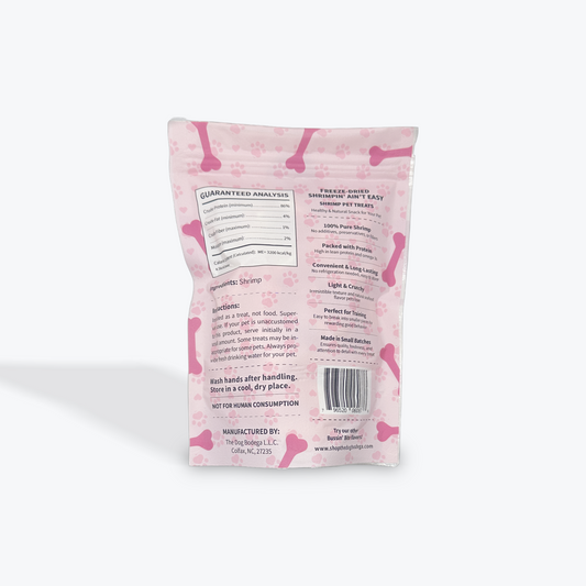 The Dog Bodega freeze dried shrimp treats for cats and dogs in a resealable pink packaging