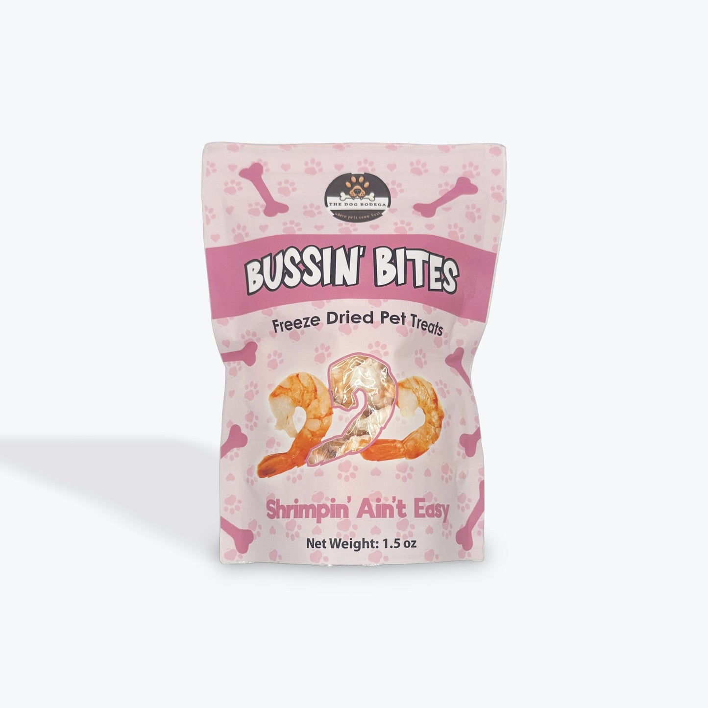 Bussin Bites Freeze Dried Shrimp Treats for Cats and Dogs in a pink pouch, 1.5 oz packaging