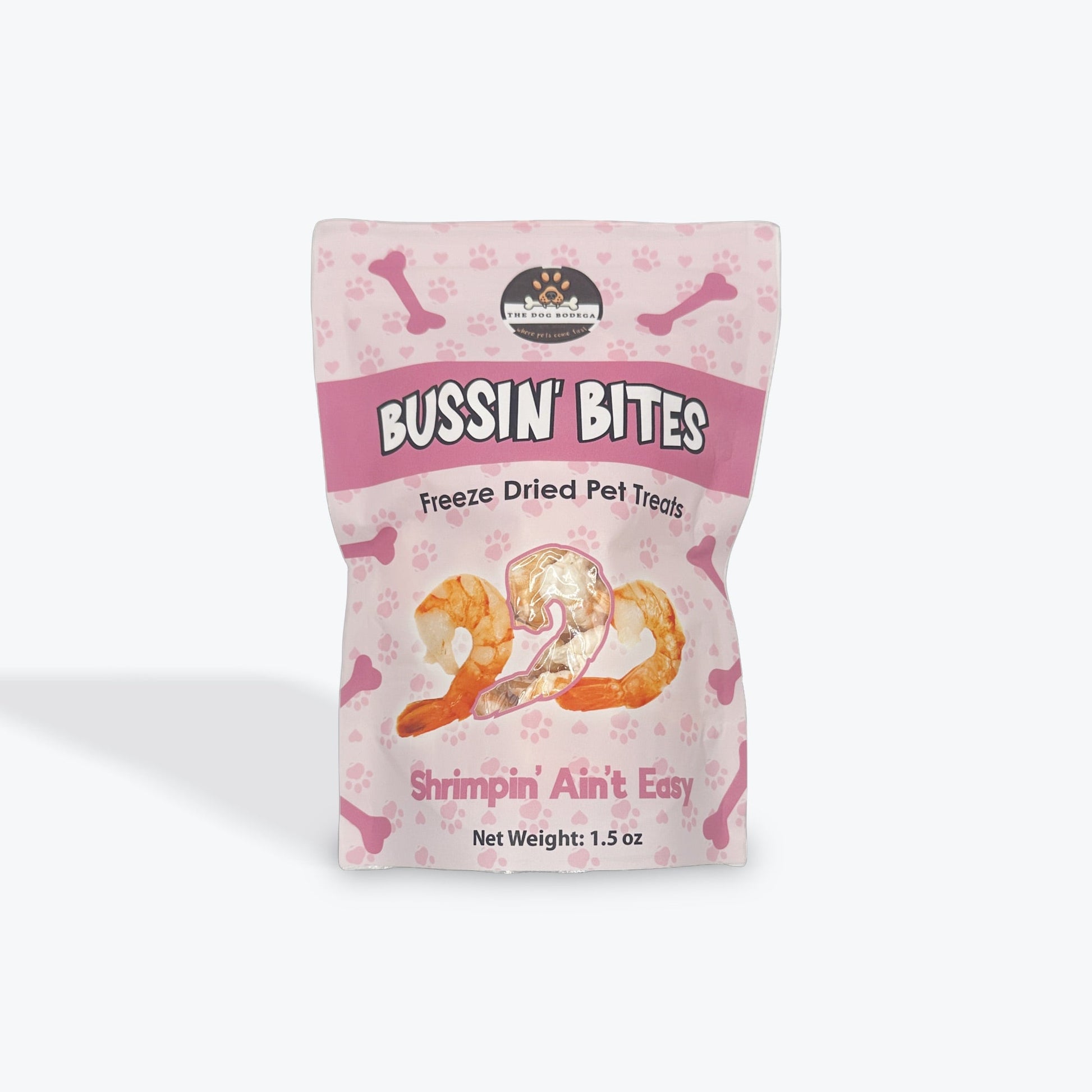Bussin Bites Freeze Dried Shrimp Treats for Cats and Dogs in a pink pouch, 1.5 oz packaging