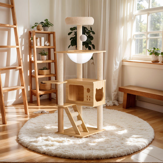 HouseOfZazla 48.8" modern wood cat tower featuring a condo, clear bowl hammock, and cream plush top perch.