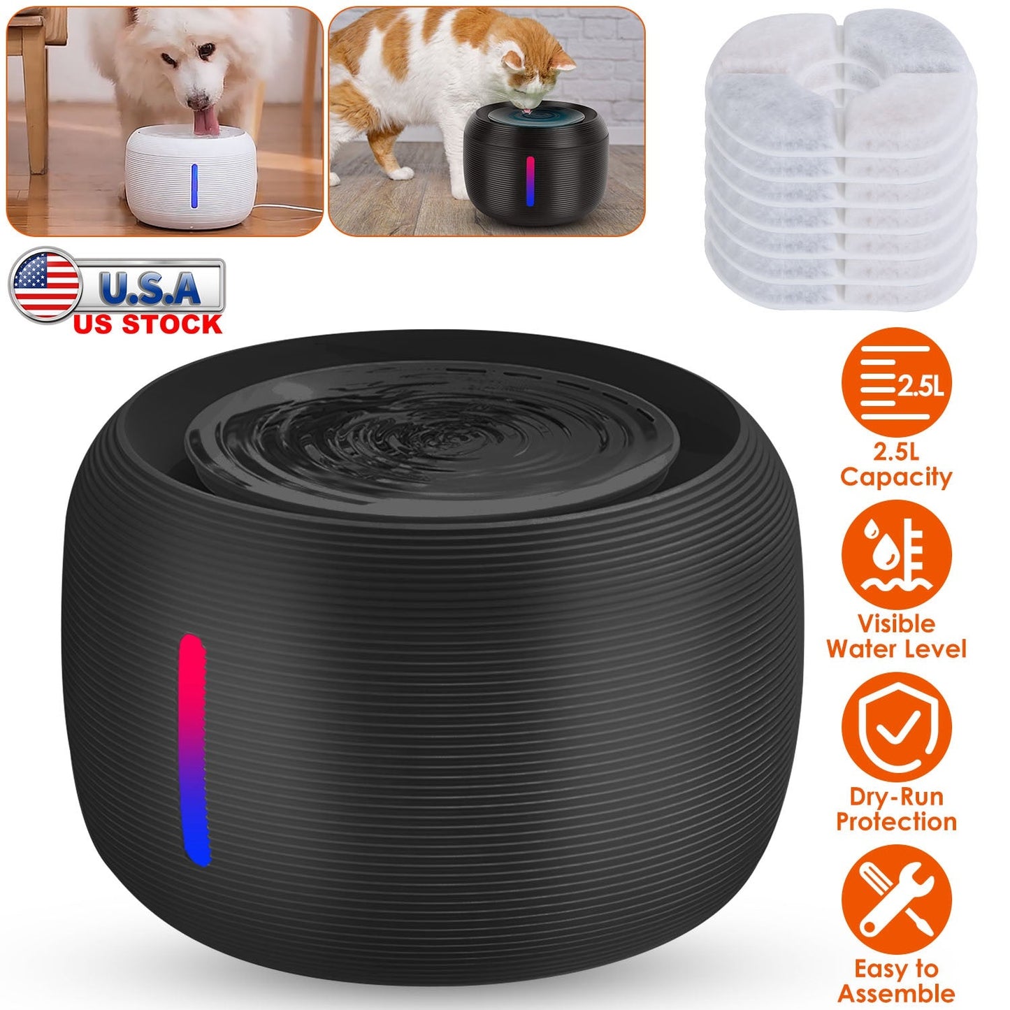Pet Water Fountain Automatic Black Circulating Dispenser For Cats Dogs