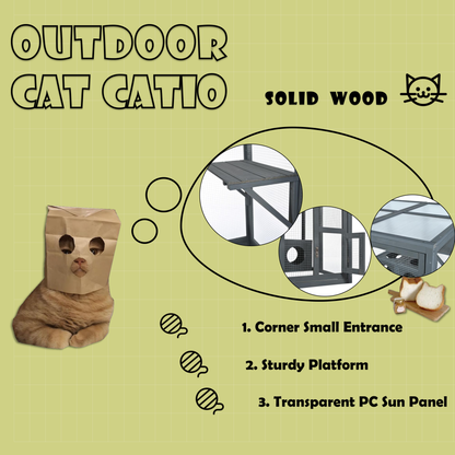 Grey Pine Wood Outdoor Cat House with Shelves and Weather