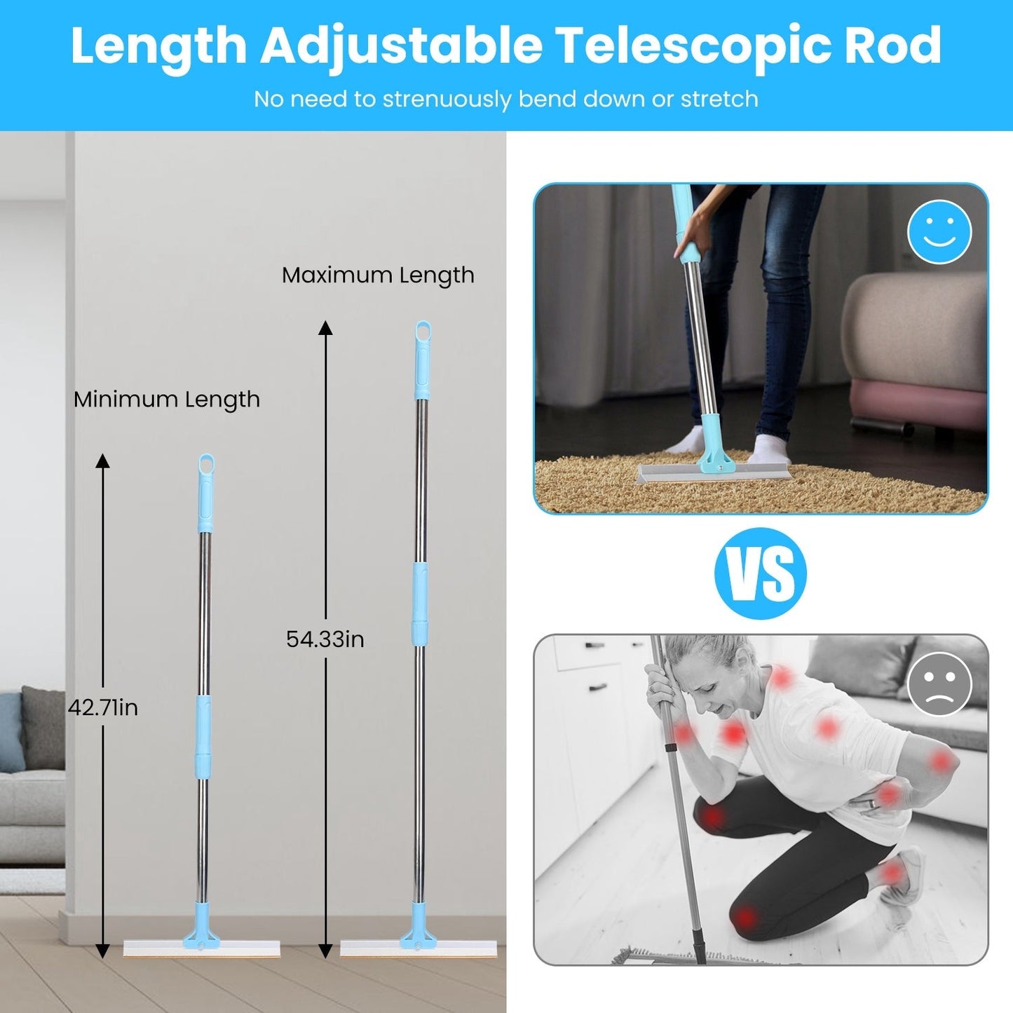 Pet Hair Removal Rake With 54.33in Adjustable Telescopic Rod
