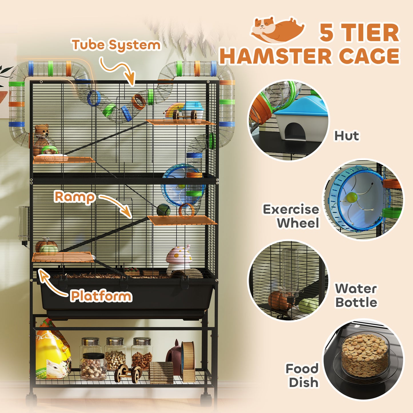 5 Tier Hamster Cage, Rolling Rat Cage With Deep Tray, Storage Shelf, Big Exercise Wheel, Hut, Tube System