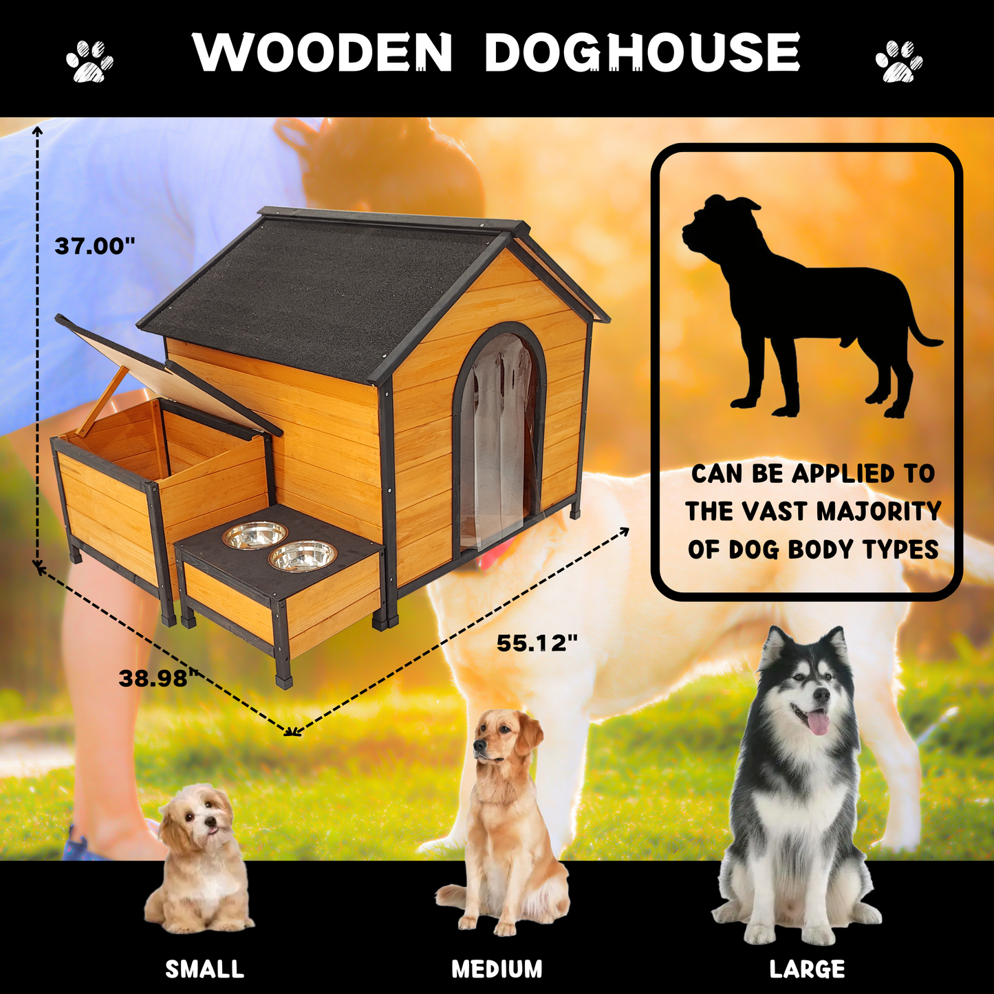 XPT088 Wearable and Strong Wooden Dog House with Metal Bowls