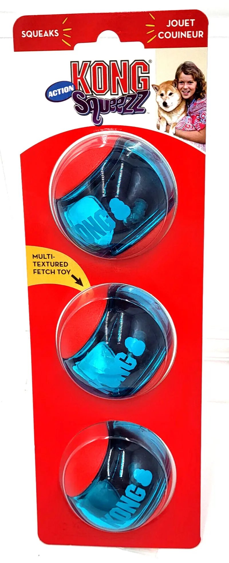 KONG Squeezz Action Ball Medium Red 3 Pack Textured Squeaky Toy