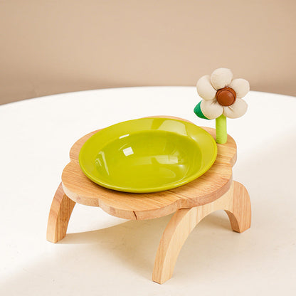 Cat Food Bowl With Wood Holder Stand Flower Shaped Ceramic F