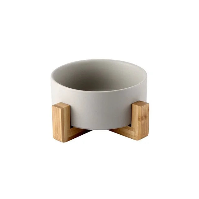 Ceramic Raised Cat Bowl w/ Wood Stand - Ameraeon
