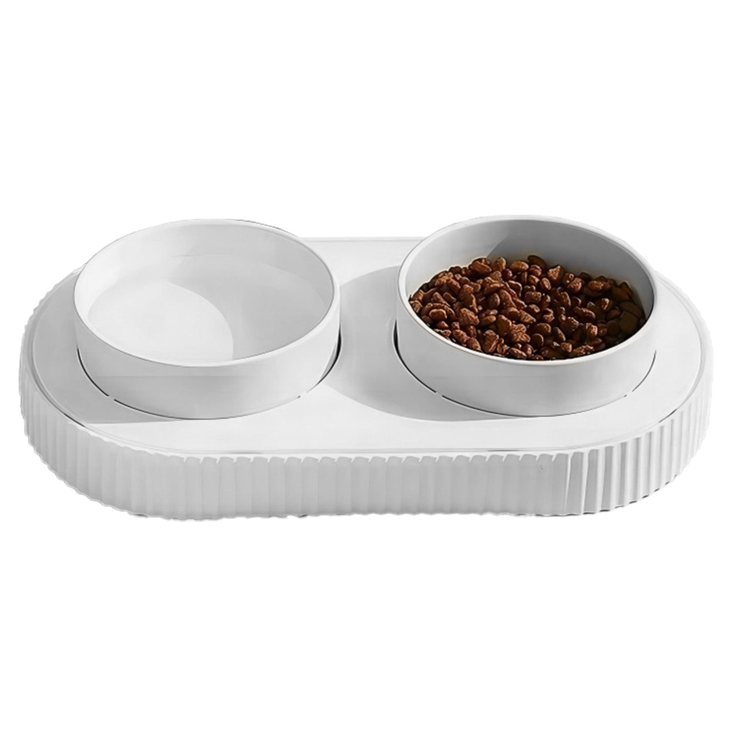 White pet food bowl with two compartments on a white background
