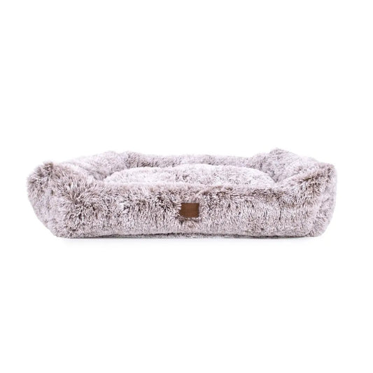 K9 Outdoors Rectangle Dog Bed in Soft Gray, a calming pet bed for dogs to relax comfortably