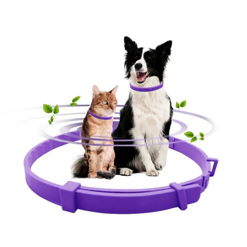 Purple stress relief pet collar designed to soothe anxiety in dogs and cats with calming effects