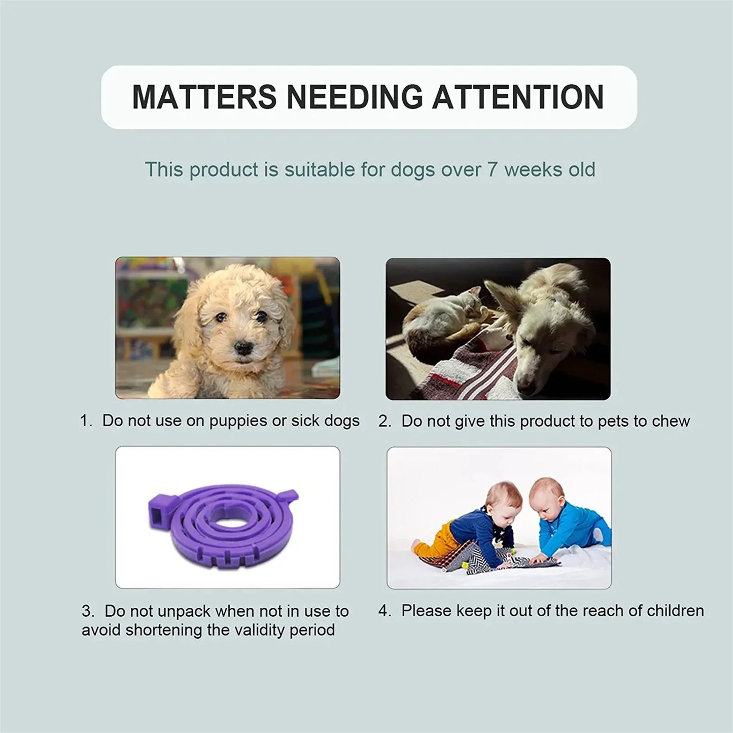 Purrfect Pet Kingdom stress relief pet collar for dogs over seven weeks, featuring safety guidelines and care instructions