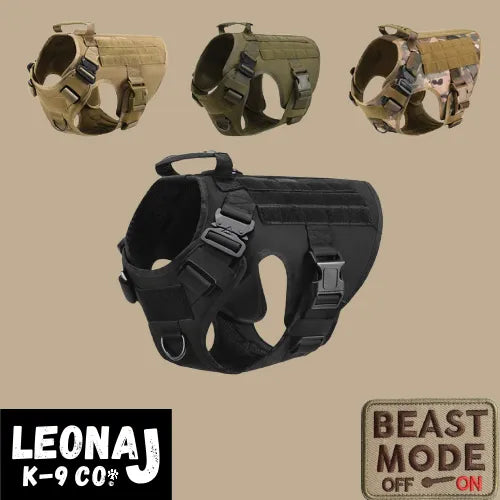 Camo Tactical Dog Harness by LeonaJ K-9 Co., heavy-duty, quick-release, available in H-Camo, sizes M, L, XL.