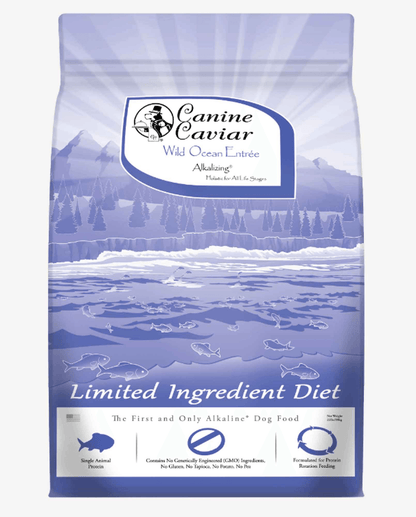 Canine Crown Delights grain-free fish dog food in limited ingredient diet packaging by Purrfect Pet Kingdom