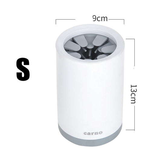 Small white portable pet paw washer with soft silicone bristles and 9cm diameter by 13cm height