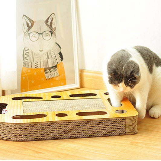 Purrfect Pet Kingdom cat activity pad for indoor cats with scratcher and toy hole on hardwood floor
