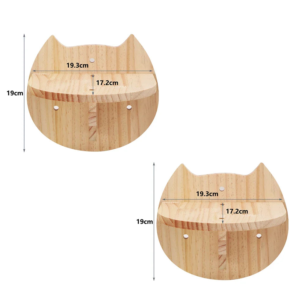 Tail Chasers Cat Climbing Shelves for Wall in Natural Wood with Cat Face Design and Dimensions